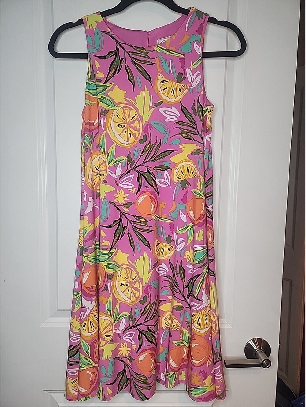 PAPPAGALLO Dress Women's Sz XS pink Orange Citrus Print Stretch Lined Tunic NWOT